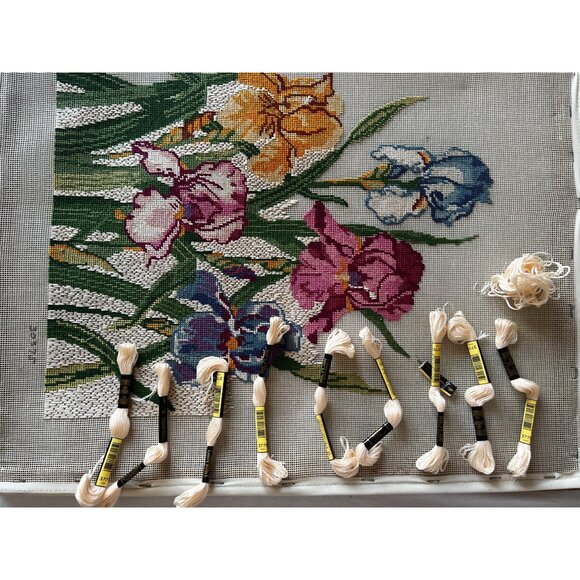 Hand-Stitched Needlepoint Iris Floral Canvas Art Unfinished w/ Materials & Bars - Picture 12 of 16